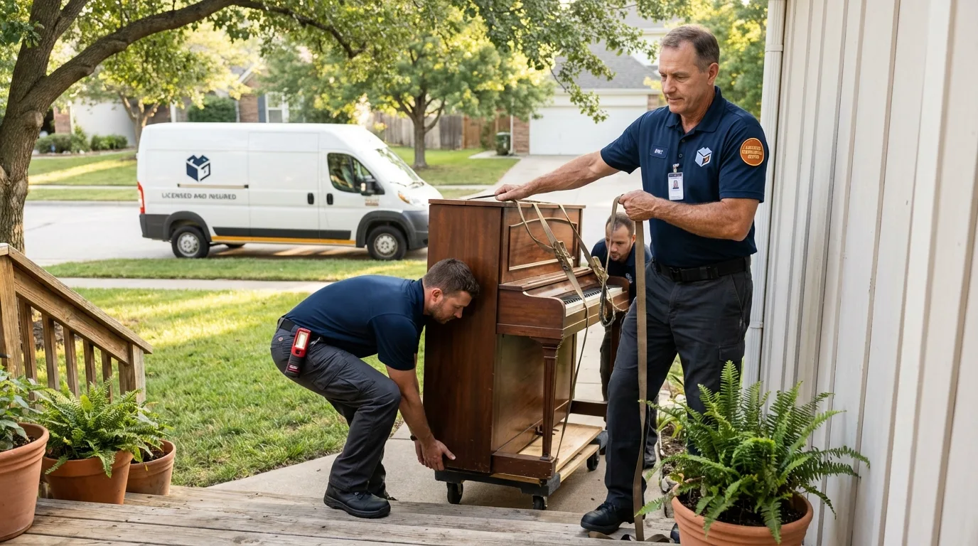 Licensed piano movers securing grand piano in Northville, NY