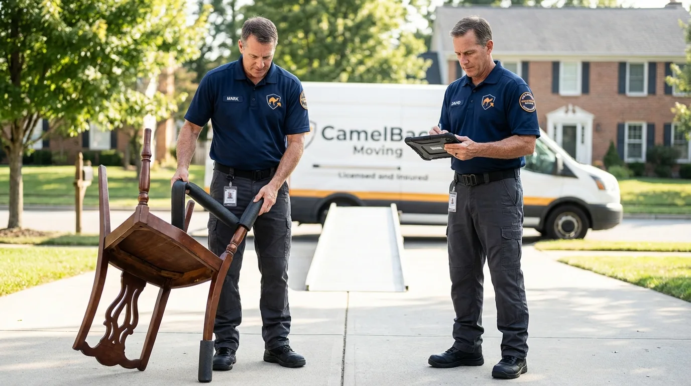 Movers inspecting furniture for damage prevention before loading in Northville, NY