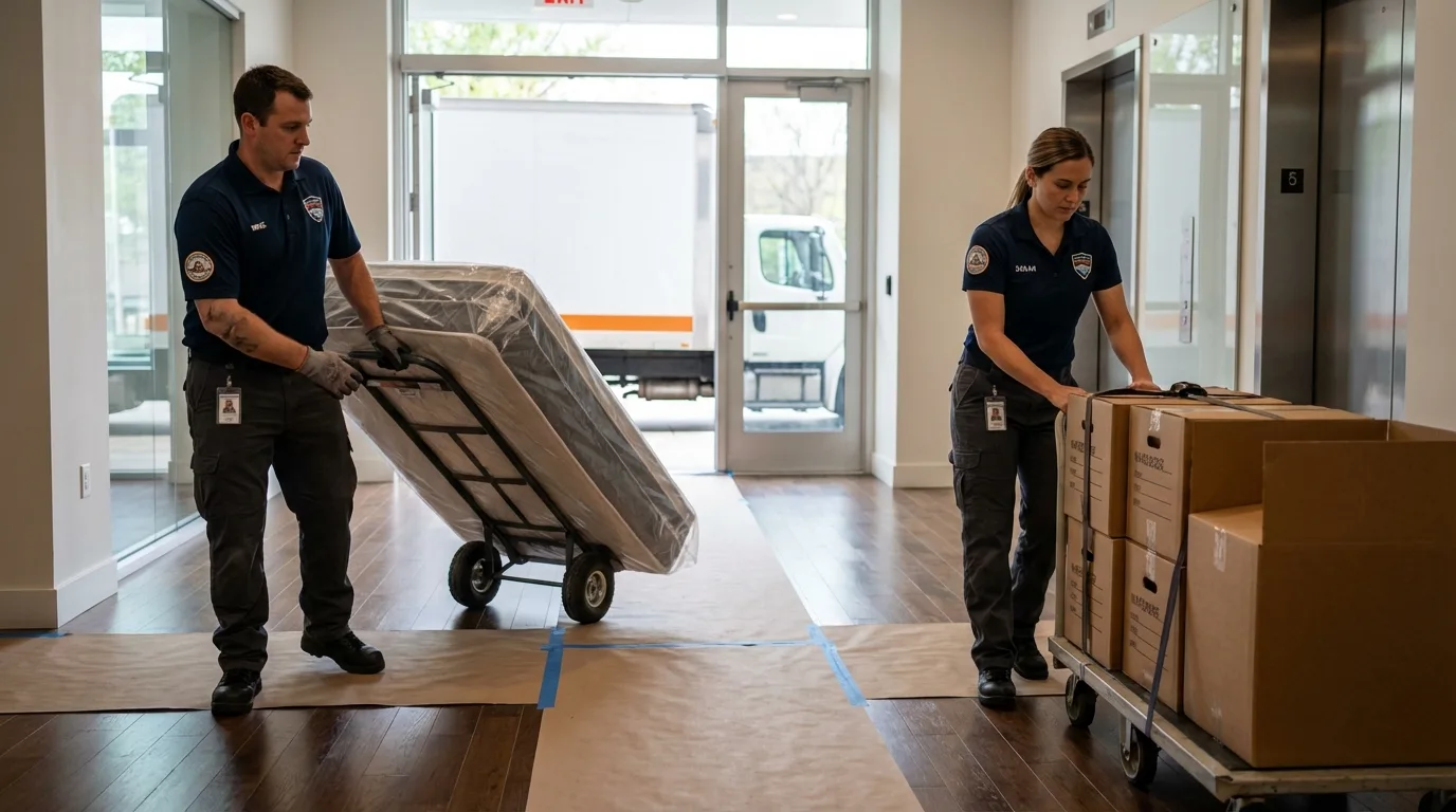 Professional apartment movers loading elevator in Northville, NY