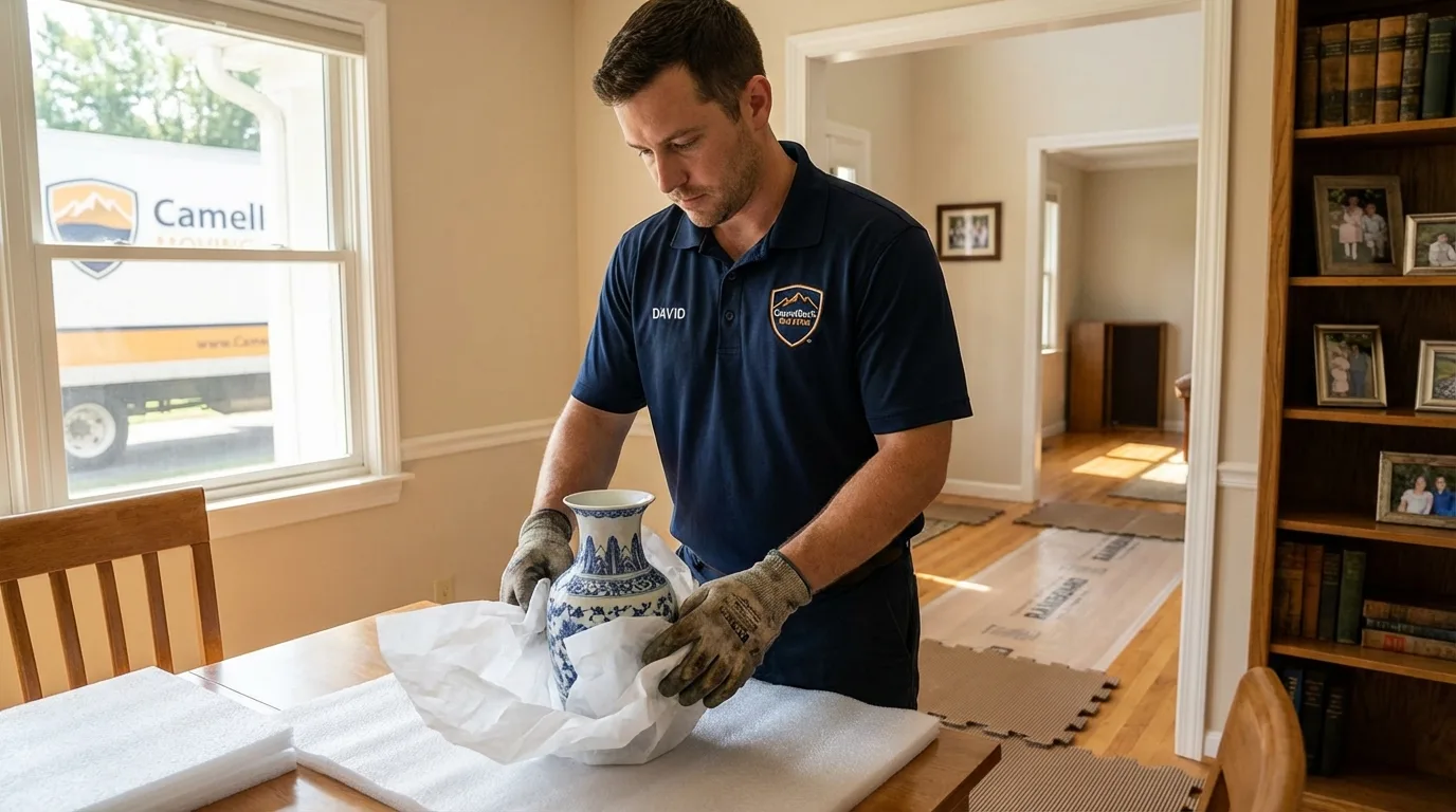 Professional crew carefully wrapping antique vase for senior downsizing move in Northville, NY