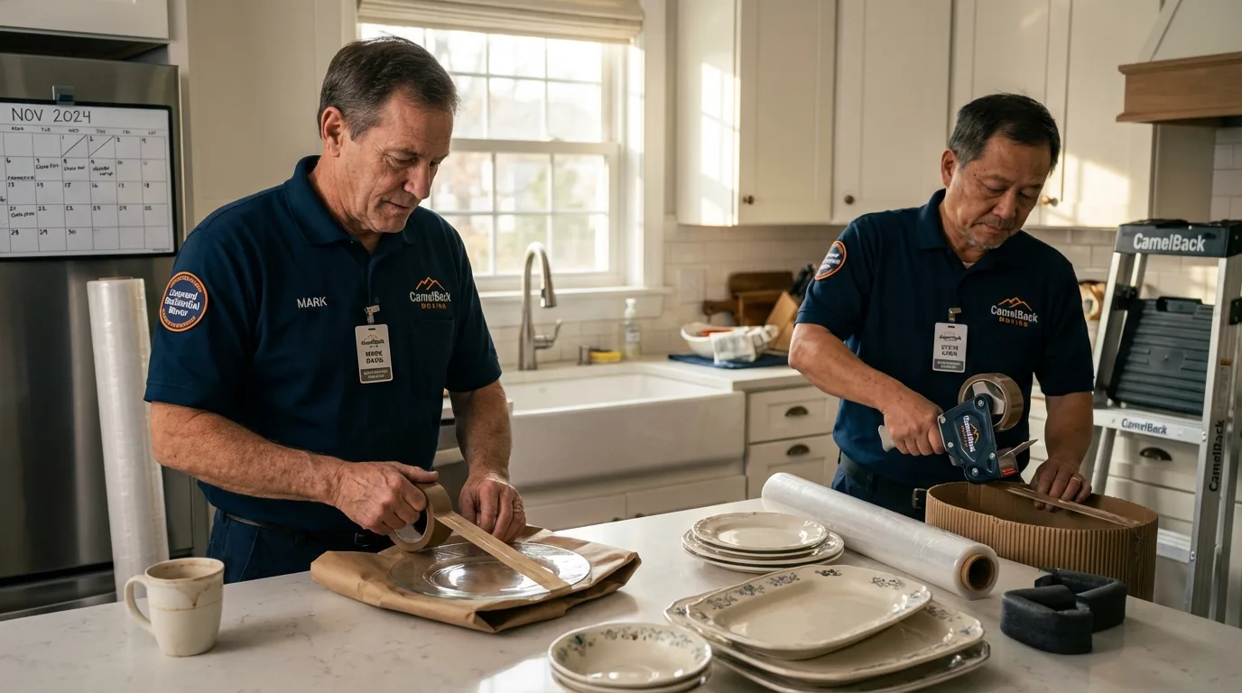 Professional crew packing kitchen dishware in Northville, NY